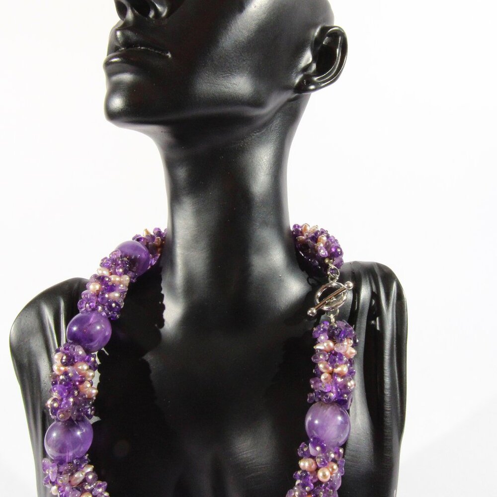 Sterling Silver .925 Amethyst and Pearl Stone Necklace - Picture 8 of 11